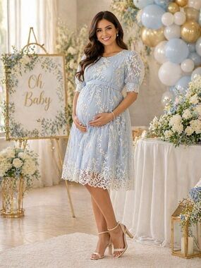 Custom Made Baby Shower Dress 👗 Light Blue Lace Embroidered Dress